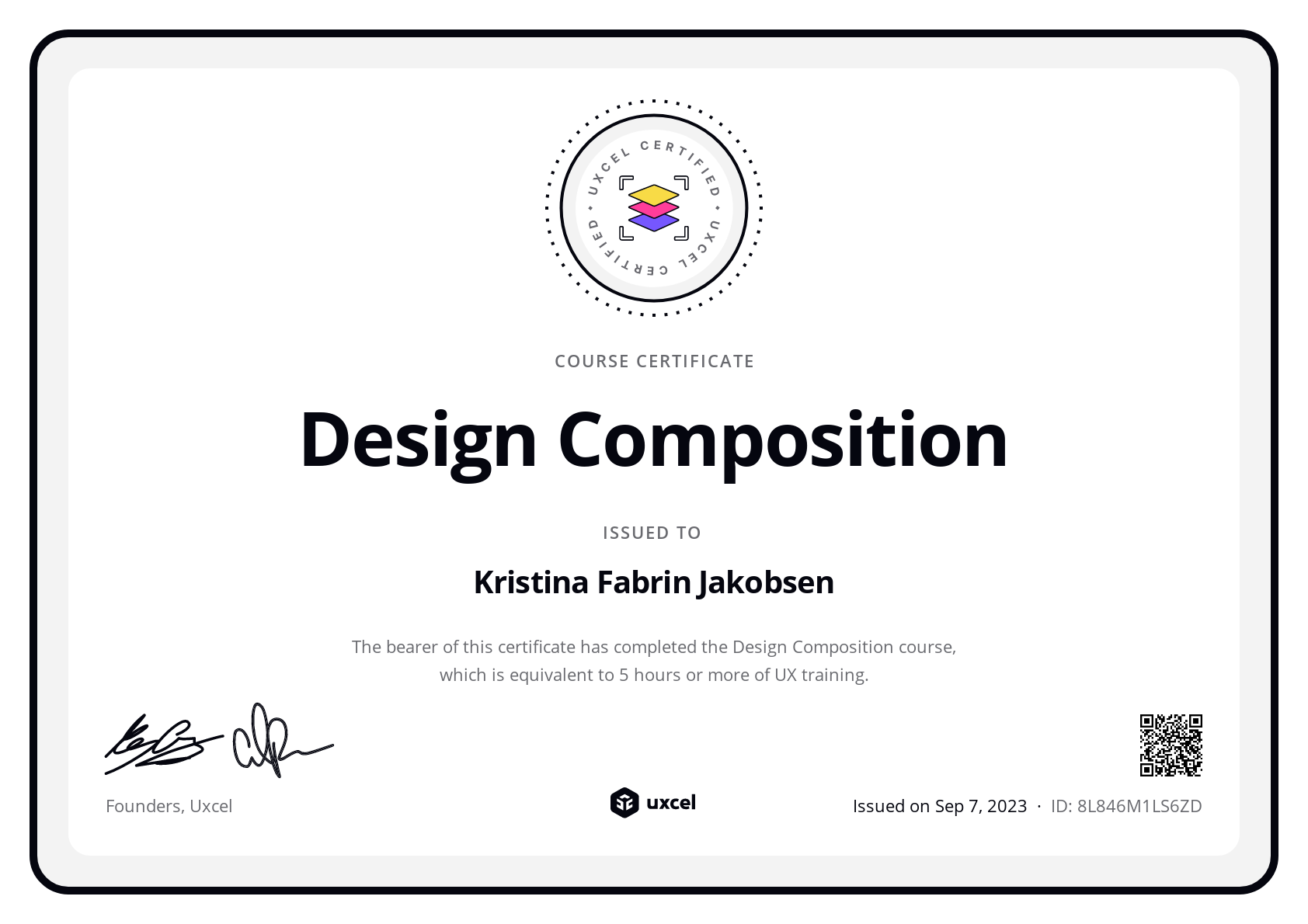 Kristina Fabrin Jakobsen's certificate